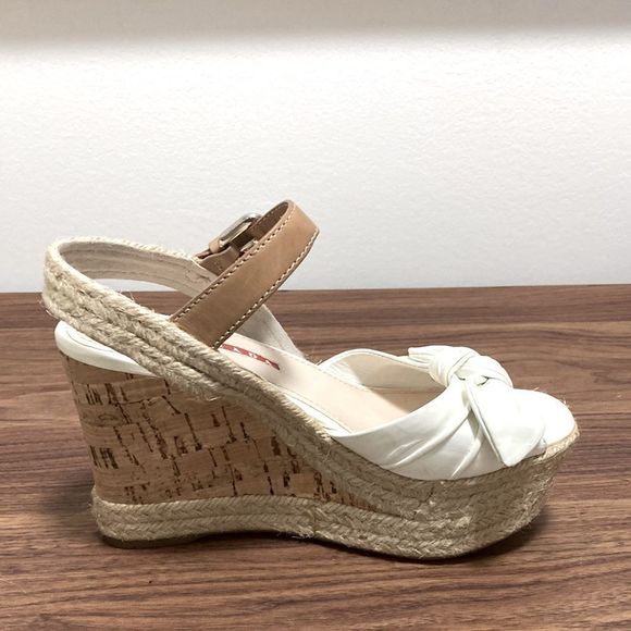 Prada Sport NWOT White Patent Leather Bow Cork Wedge Espadrille. Size 35.5. - Picture 2 of 11